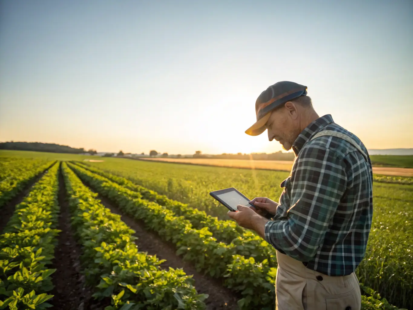 A vibrant agricultural field with smart farming sensors and precision equipment, operated by farmers using Canadian agrotechnology. This image will illustrate the agrotechnology sector for Paschstel’s website.