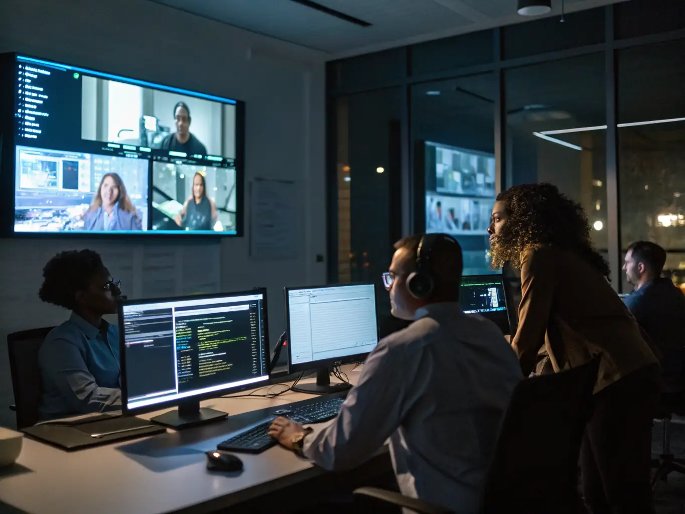 A support team assisting clients via video call, with technical diagrams and world map graphics in the background, illustrating global partner support and technical assistance.