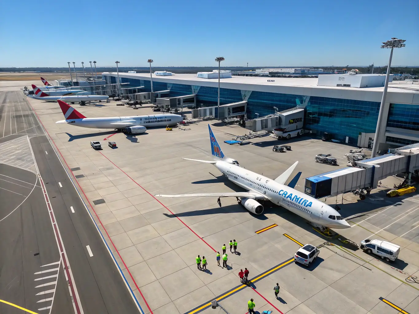 A sleek commercial aircraft on a runway, with technicians using Canadian avionics and aerospace maintenance technology. The image is intended to showcase aviation technology exports for Paschstel’s sector overview.