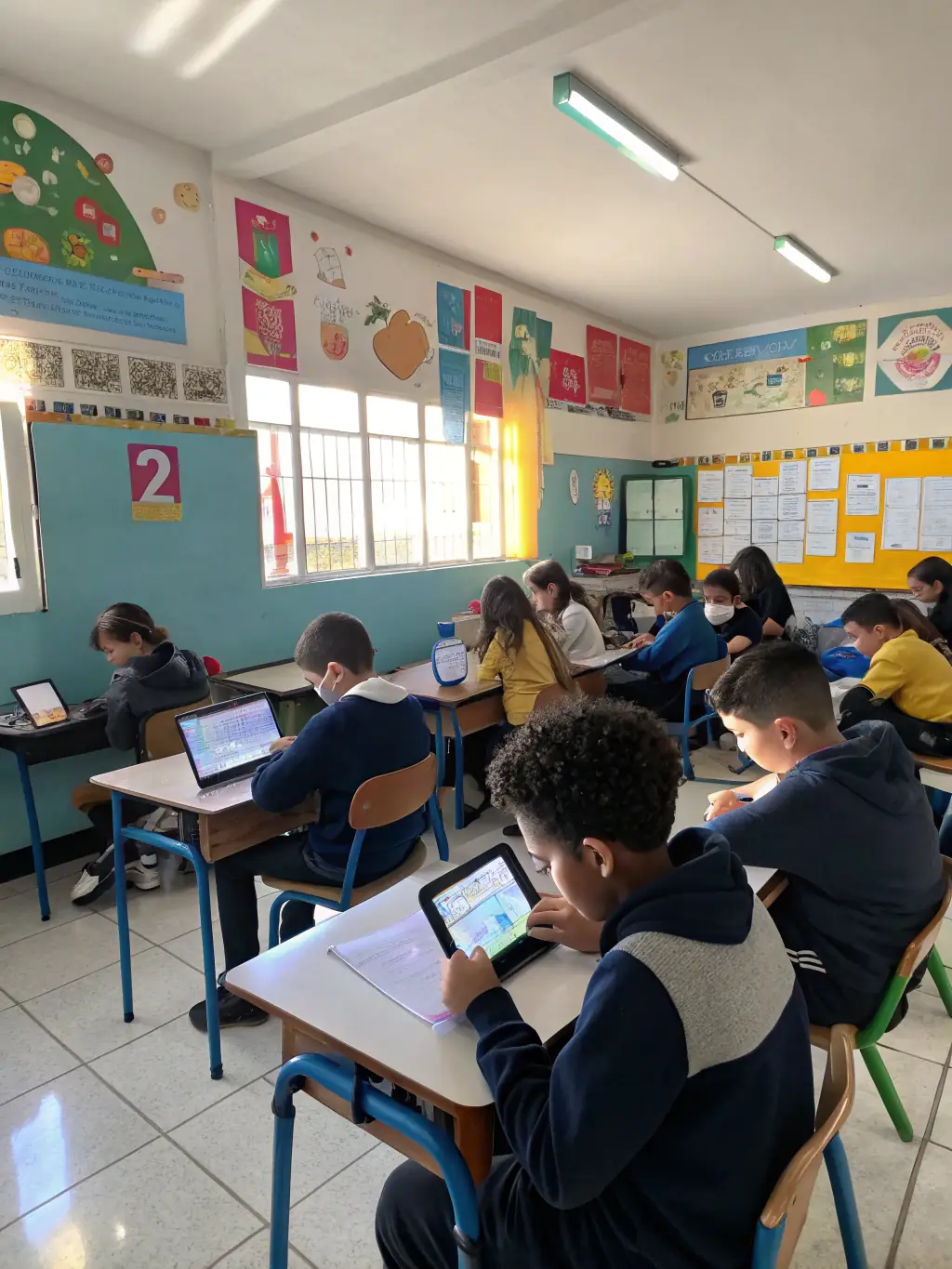 A classroom with students using tablets and interactive digital screens, representing Canadian educational technology exports for the sector overview grid.