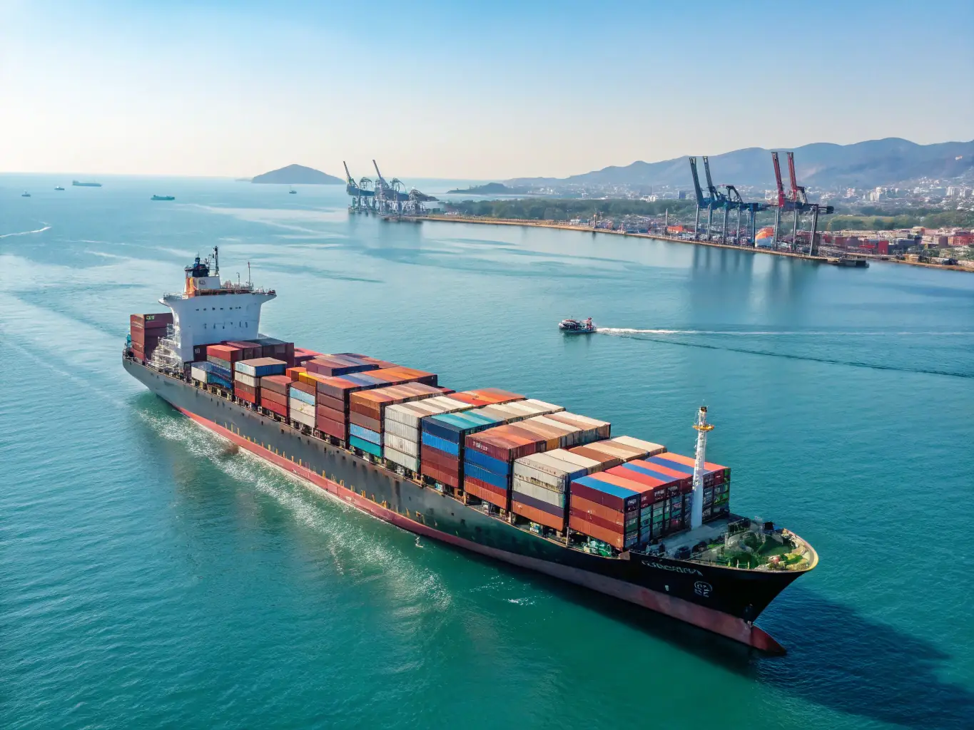 A modern illustration of a cargo ship and airplane transporting high-tech equipment, with Canadian and international landmarks in the background, representing global technology export and trading.
