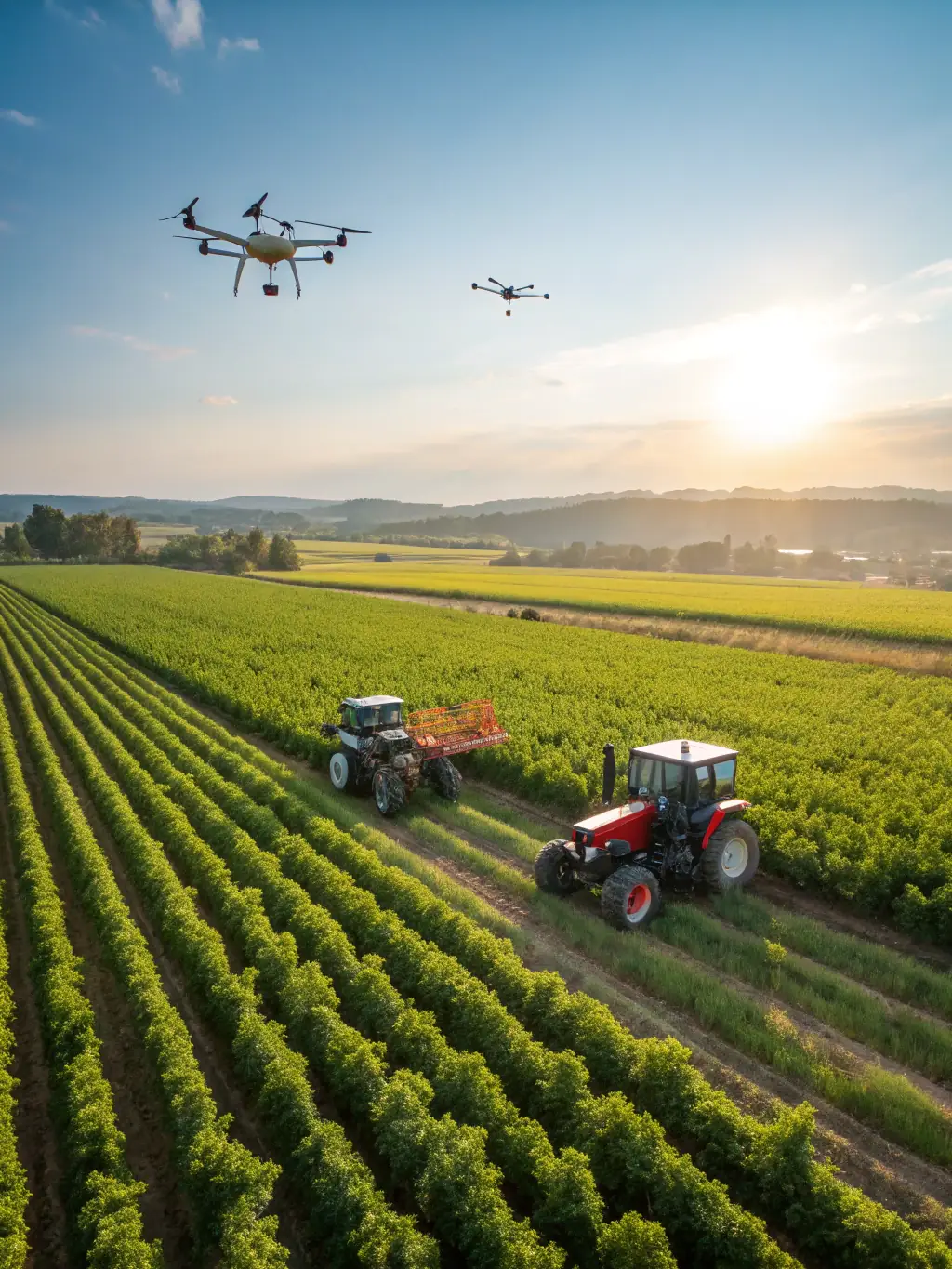 A smart farming field with precision agriculture sensors and drones, highlighting Canadian agrotechnology advancements for sustainable farming.