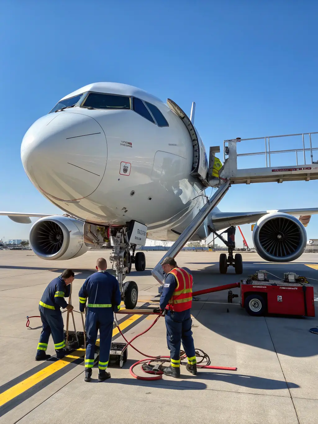 A commercial airplane on a runway with technicians using digital diagnostic tools, symbolizing Canadian aviation technology and aerospace exports for the sector overview grid.