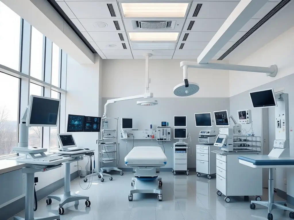 A modern hospital setting featuring Canadian medical devices and digital health equipment in use, with healthcare professionals interacting with advanced diagnostic tools. This image will be used to represent the healthcare sector on the Paschstel website.