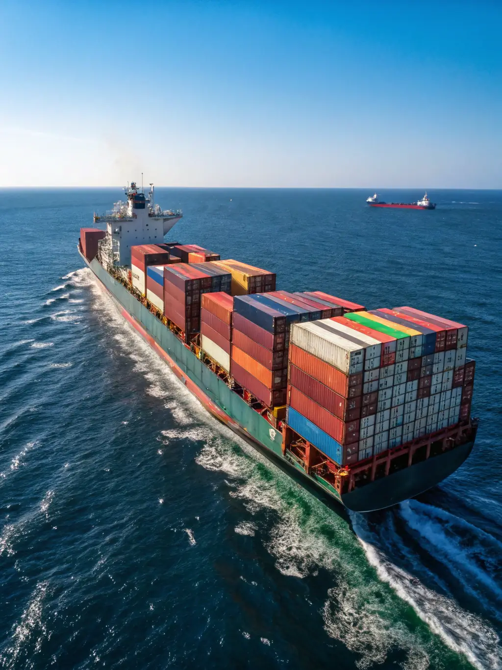 A cargo ship loaded with containers, each marked with Canadian flags, sailing across a blue ocean under clear skies, representing Paschstel's global export logistics for Canadian technology.