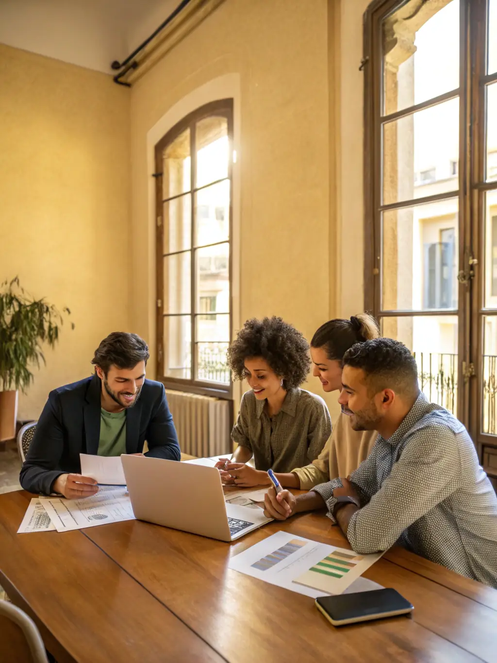 A professional business meeting with diverse partners reviewing product catalogs and digital screens displaying Canadian tech solutions, set in a modern office environment.