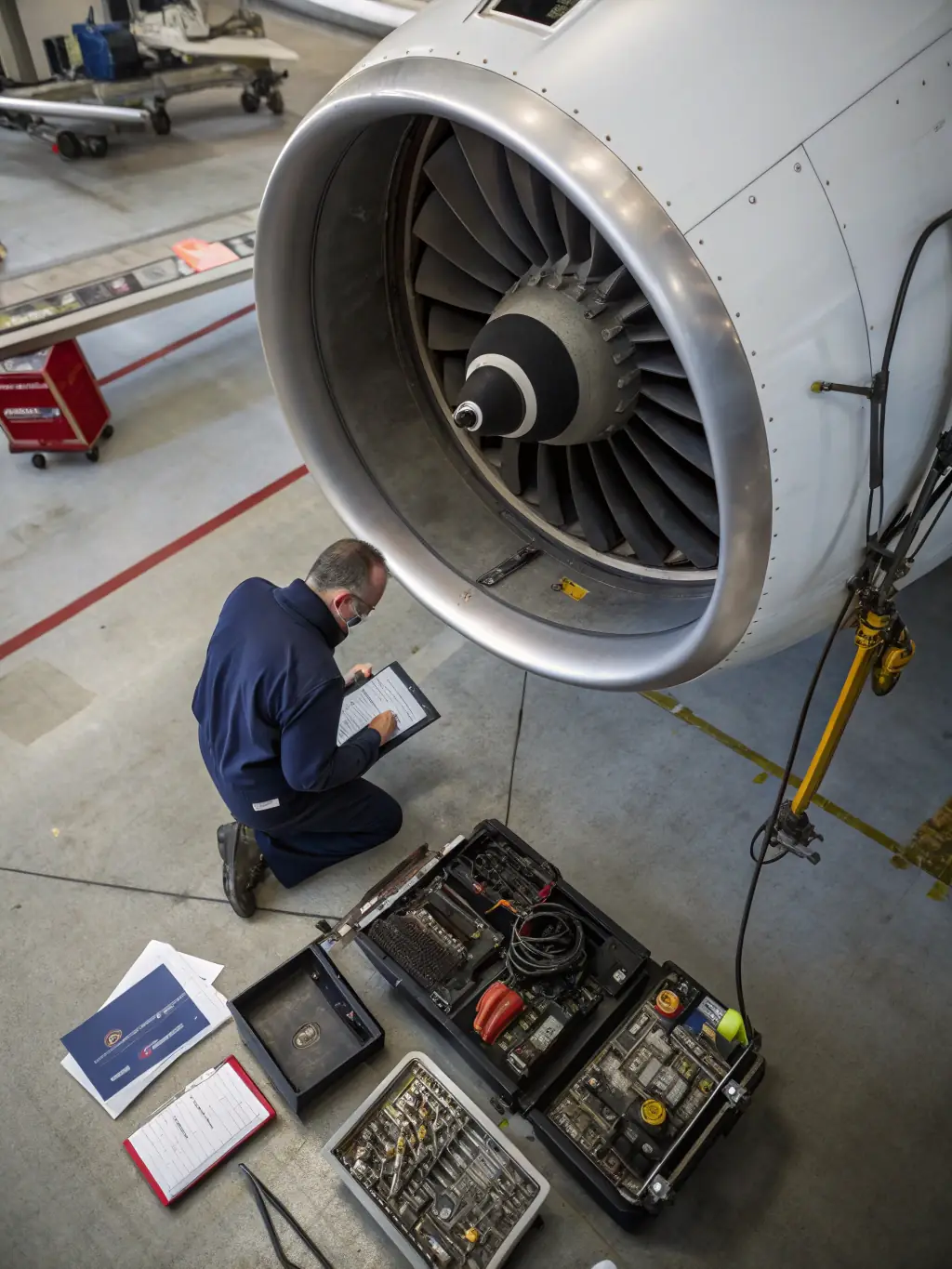 A commercial aircraft on a runway with technicians using aerospace systems and avionics, showcasing Canadian aviation technology ready for export.