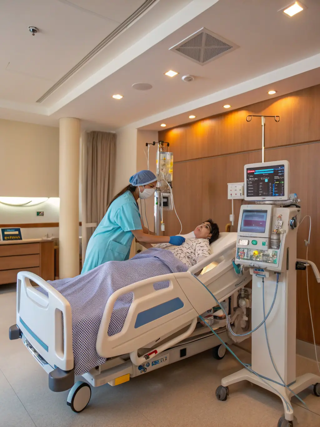 A modern hospital interior with advanced medical equipment and digital health monitors, representing Canadian healthcare technology exports for the Paschstel homepage sector grid.