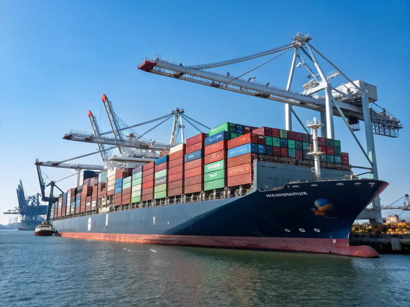 A cargo ship loaded with containers marked by Canadian flags, docked at a bustling port, representing Paschstel’s global export and trading operations for Canadian technology.