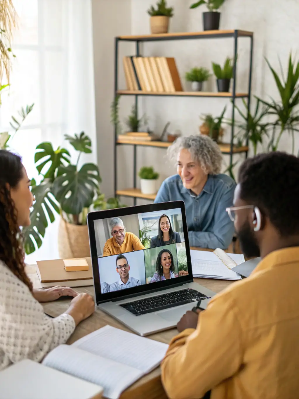 A support team on a video call with international clients, Canadian technology visuals in the background, conveying real-time assistance and global connectivity.