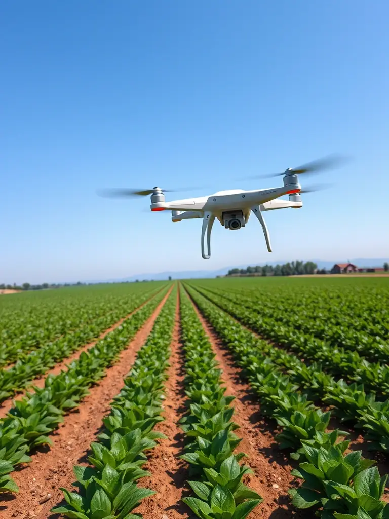 A lush farm field with smart sensors and drones monitoring crops, illustrating Canadian agrotechnology and precision agriculture solutions for the sector grid.