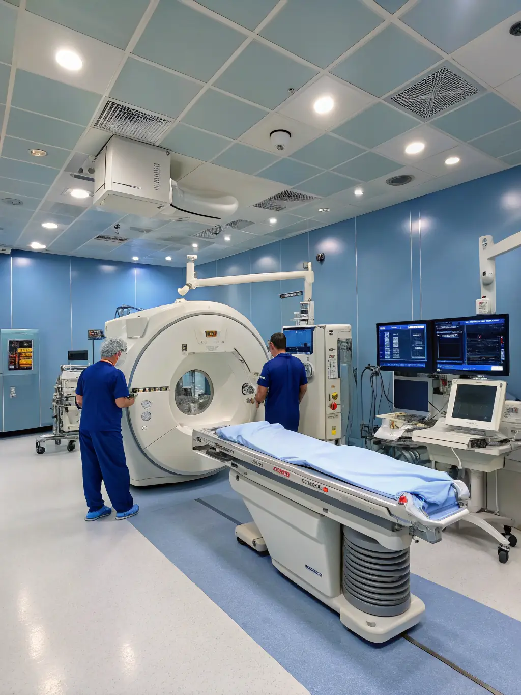 A modern hospital setting featuring advanced medical devices and digital health monitors, representing Canadian healthcare technology exports for international markets.