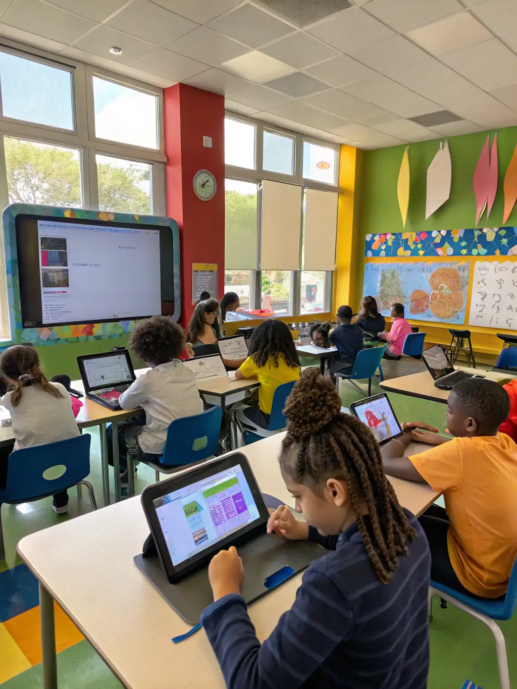A digital classroom with interactive learning platforms and students using tablets, illustrating Canadian educational technology in action.