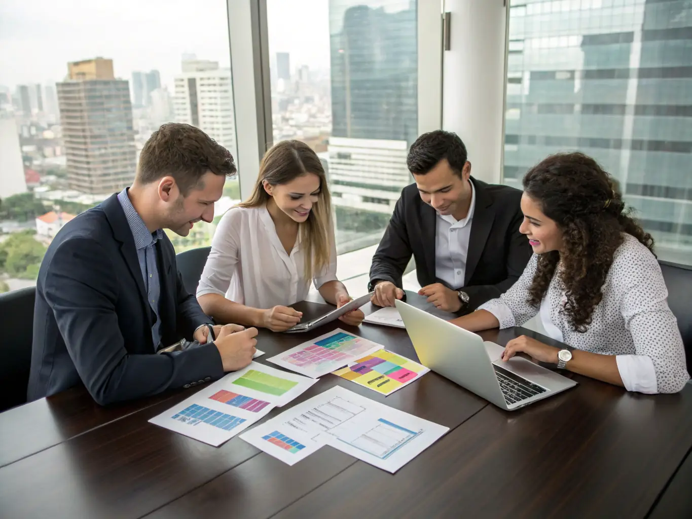 A professional business meeting with diverse partners reviewing product catalogs and digital screens displaying Canadian tech solutions, illustrating Paschstel’s reseller partnership approach.